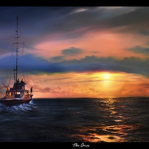 The Orca - Jaws, Movie Art painting print, Sunset seascape scene