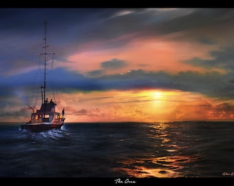 The Orca - Jaws, filmkunst schilderij print, zonsondergang zeegezicht