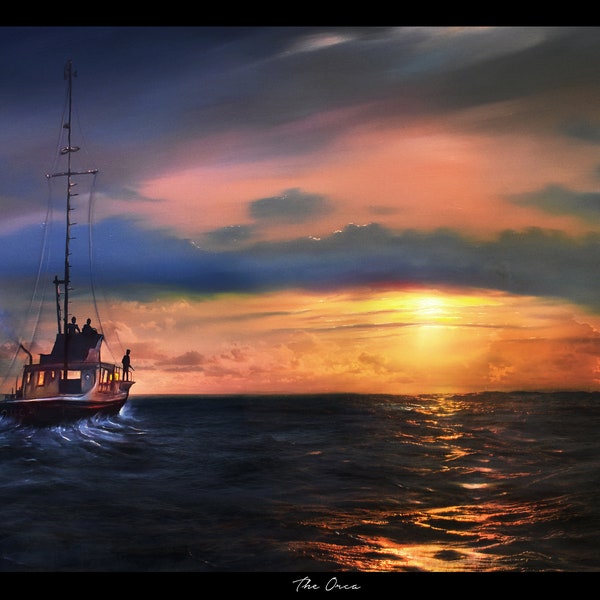 The Orca - Jaws, Movie Art painting print, Sunset seascape scene