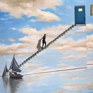 May include: A surreal painting depicting a person ascending a staircase that leads to a blue door in the clouds. A sailboat is seen floating on a body of water below the staircase.