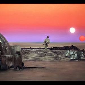May include: A lone figure walks across a desert landscape towards a double sunset. The sky is a vibrant orange and purple, with two suns visible in the distance. One sun is white, and the other is a deep red. The figure is wearing a light-colored robe and is walking away from a large, dome-shaped structure.