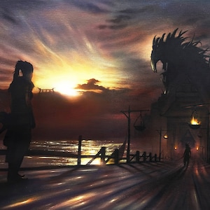 May include: A silhouette of a person standing on a wooden pier at sunset, looking towards a large, dark, shadowy creature with horns and a gaping maw. The creature is standing on a structure with lights.