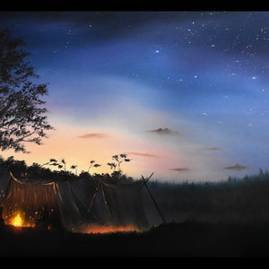 Camp Fire, Red Dead, Wild West, Sternennacht Malerei, Kunstdruck, Gamer Art