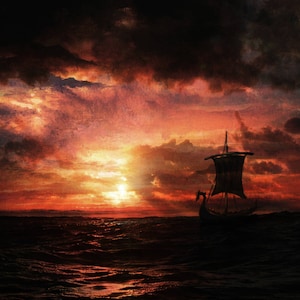 Viking Ship, Sunset, Seascape, Sky, Wall Art, Painting, Home decor, Fine Art print A3