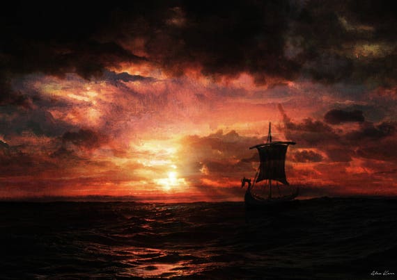 Viking Ship, Sunset, Seascape, Sky, Wall Art, Painting, Home Decor