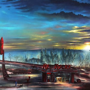 Red Rocket, Art Print, Puesta de sol, post-apocalíptico, Pintura de juegos, Arte mural, Decoración del hogar, Impresión de bellas artes A3