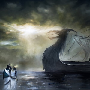 Op de afbeelding: Twee figuren in witte gewaden staan op een rotsachtige kust, met uitzicht op een groot, donker schip met een drakenkop als boeg. De lucht is bewolkt en stormachtig, met een helder licht dat door de wolken schijnt.