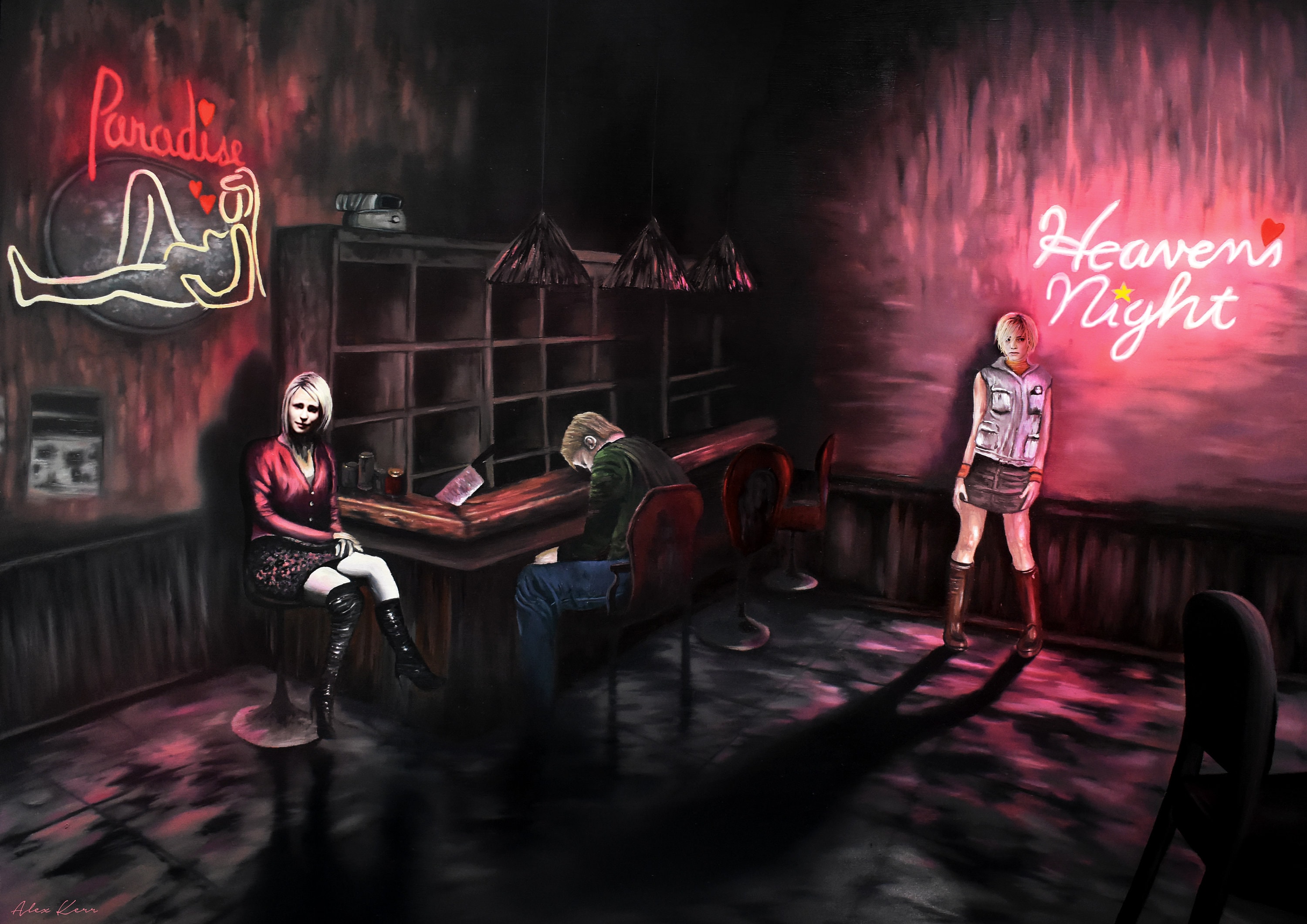 Silent Night, Horror, Bar Scene, Neon Light, Art Print, Gamer Art