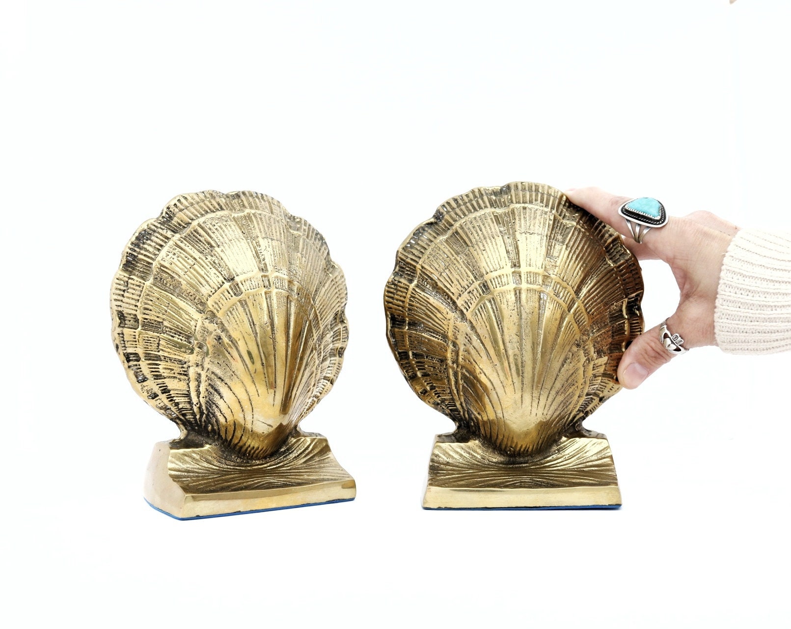 Vintage Pair of Solid Brass Seashell Bookends Clam Shell Shaped  Paperweights -  Finland