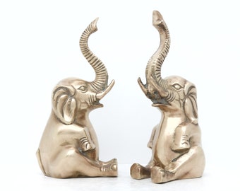 Brass Elephant Figurines, Vintage Elephant Bookends, Trunk Up for Luck, Sitting Elephants, Safari Animal, Gifts, Made in Korea, Set of 2