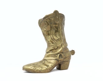 Large Brass Boot with Spur Figurine, Vintage Cowboy Boot, Cowgirl Boot, Spur, Western Farmhouse Decor, Statue, Faux Flower Vase, Gifts