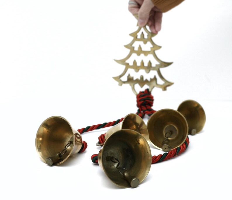 Brass Bells on a Rope and Christmas Tree Wall Hanging, Vintage ...