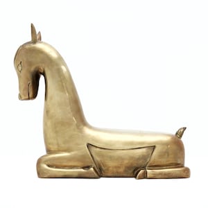 Stylized Brass Horse Statue, Vintage Recumbent Horse Figurine, Modern Minimal Horse Sculpture, Foal Laying Down, Gifts For Animal Lover