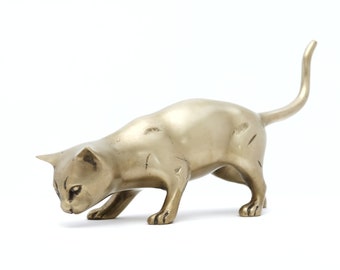 Brass Cat Figurine, Vintage Brass Kitten, Cat Lady Gift, Brass Animals, Doorstop, Pouncing Cat, Gifts