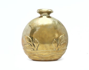 Dolbi Cashier Brass Vase, Vintage Decorative Vase, For Flowers Stems, Gifts for Her, Flower Leaf Detail, Round Vase