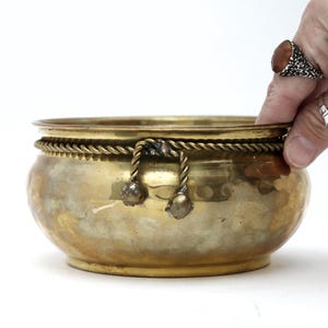 Vintage Hammered Brass Planter: Tassel Rope Accent, Aged Patina