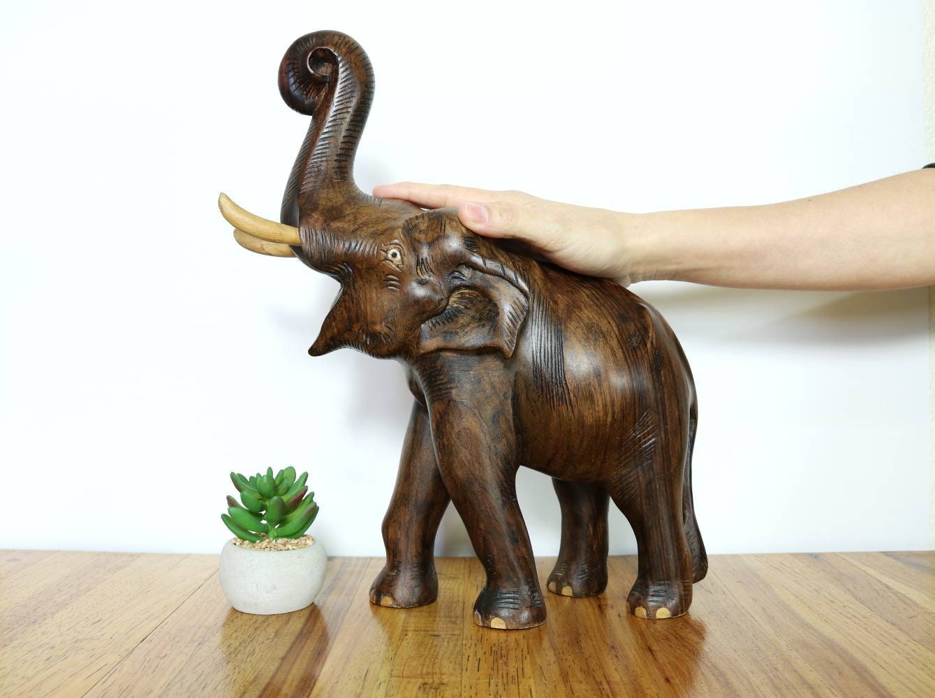 Large Wood Elephant Figurine Vintage Elephant Statue Carved Etsy