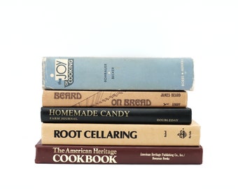 Vintage Cookbook Set, Curated Food Book Display Titles, The Joy of Cooking, Beard on Bread, Root Cellaring, Candy, The American Heritage