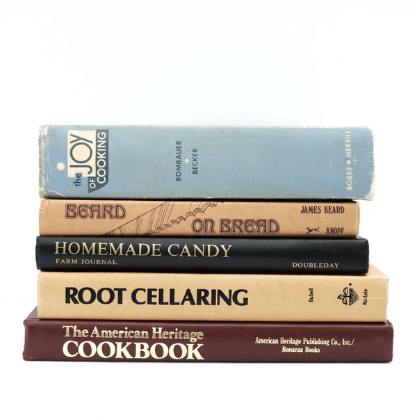 Vintage Cookbook Set, Curated Food Book Display Titles, The Joy of Cooking, Beard on Bread, Root Cellaring, Candy, The American Heritage