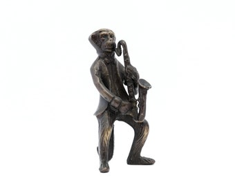 Bronze Monkey Saxophone Player, Vintage Monkey Figurine, Animal Statue, Gift for Sax Player, Brass Musician Monkey, Gift for Music Teacher