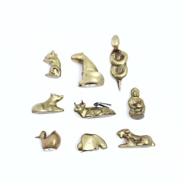 Small Brass Animal Figurine Set, Mini Vintage Chinese Zodiac Animal, Small Rat, Monkey, Rabbit, Cow, Goat, Snake, Pig, Bird, set of 9