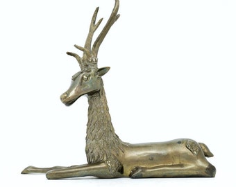 Large Brass Deer Statue, Vintage Deer Figurine, Recumbent Deer, Brass Animals, Woodland Creatures, Wedding Cabin Fall Spring Decor, Gifts