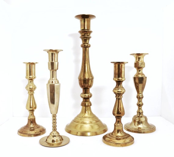 Mismatched vintage brass candle holder setrustic farmhouseweddingtable scapehome decorset of 5