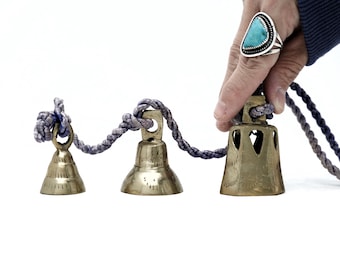 Vintage Brass Bells on Rope, Set of 3