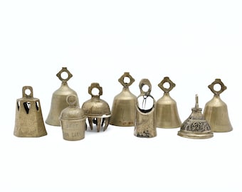 Mixed Set of Brass Bells, Vintage Bell Collection, Elephant Claw Bell, Zion Canyon, Sarna, Etched Bells