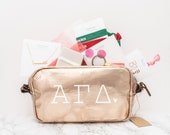 Alpha Gamma Delta Gift Set, Alpha Gam Sorority Gifts Bundle, Greek Gift Pack with AGD Bag, Bar Necklace, Rings, Hair Ties and Keychain