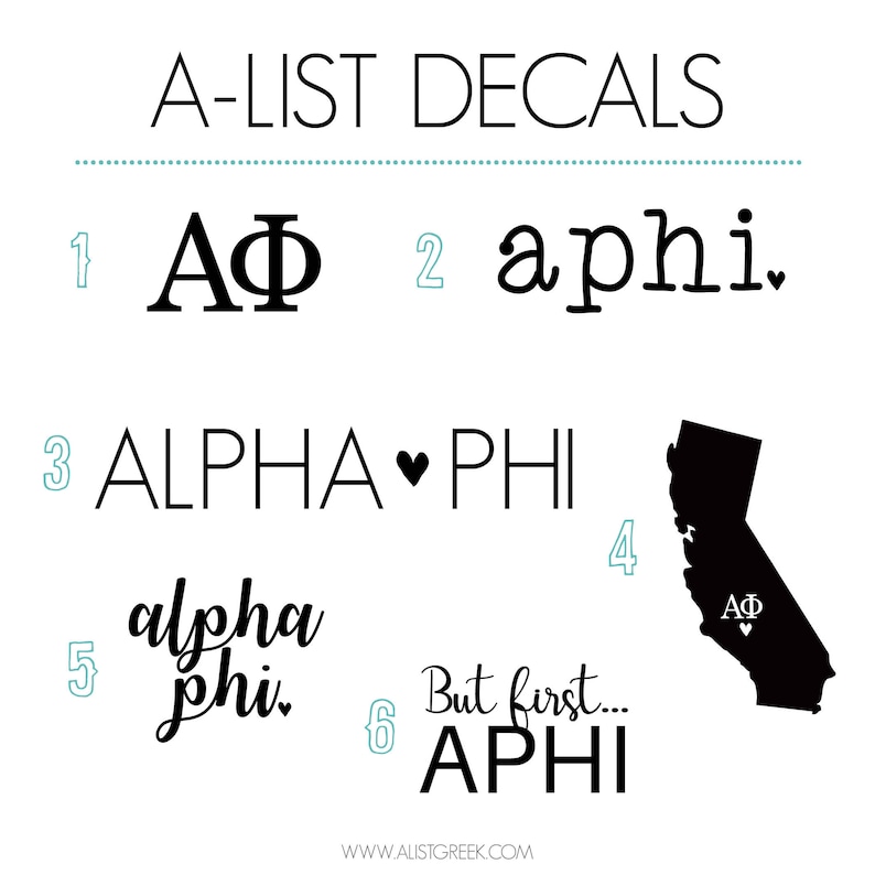 Alpha Phi Stickers APhi Car Decal A Phi Vinyl Decal Pack Alpha Phi Decal Pack Sorority Decal Set of 6 Laptop Decal APhi Decal