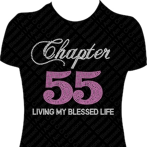 May include: Black t-shirt with pink rhinestones spelling out "Chapter 55 Living My Blessed Life".