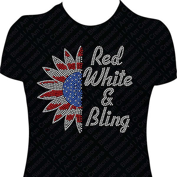 Sunflower 4th of July Red, White and Bling Rhinestone Shirt, July 4th Bling Shirt, Independence Day T shirt, July 4th Rhinestone T shirt