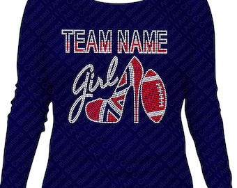 Team Name Girl Red/ Navy Heel Rhinestone Football Shirt: Bling Fan Apparel