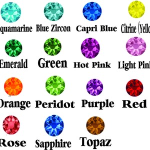 K&ouml;nnte beinhalten: Diagramm mit 12 Edelsteinfarben und ihren Namen: Aquamarin, Blauer Zirkon, Capriblau, Citrin (Gelb), Smaragd, Gr&uuml;n, Pink, Hellrosa, Orange, Peridot, Lila, Rot, Rosa, Saphir, Topas.