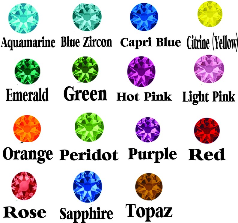 K&ouml;nnte beinhalten: Diagramm mit 12 Edelsteinfarben und ihren Namen: Aquamarin, Blauer Zirkon, Capriblau, Citrin (Gelb), Smaragd, Gr&uuml;n, Pink, Hellrosa, Orange, Peridot, Lila, Rot, Rosa, Saphir, Topas.