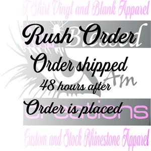 May include: Image with text: "Rush Order" and "Order shipped 48 hours after". The text is in black on a silver background, with pink text above and below. The image is for T-shirt, vinyl, and rhinestone apparel.