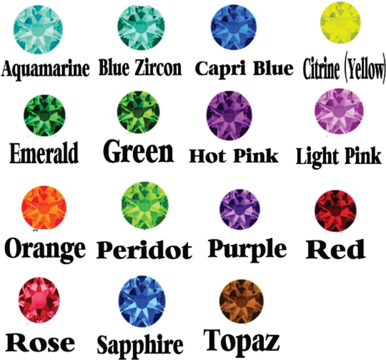 May include: Chart of 12 different colored gemstones, including aquamarine, blue zircon, capri blue, citrine, emerald, green, hot pink, light pink, orange, peridot, purple, red, rose, sapphire, and topaz.
