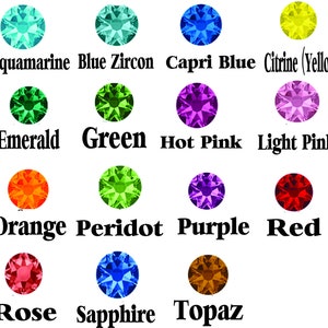 May include: Chart of 12 round gemstones in different colors, including aquamarine, blue zircon, capri blue, citrine, emerald, green, hot pink, light pink, orange, peridot, purple, red, rose, sapphire, and topaz.