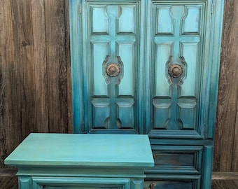 Boho armoire and nightstand , turquoise armoire , turquoise nightstand , painted furniture, painted armoire