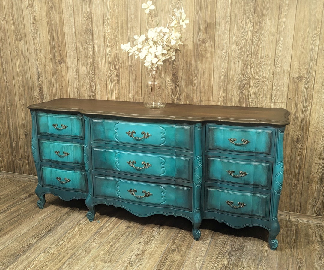 Turquoise French Provincial Dresser / Teal Blue Green Solid Wood