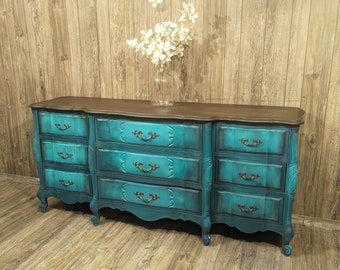 Turquoise french provincial dresser / teal blue green solid wood dresser / vintage dresser