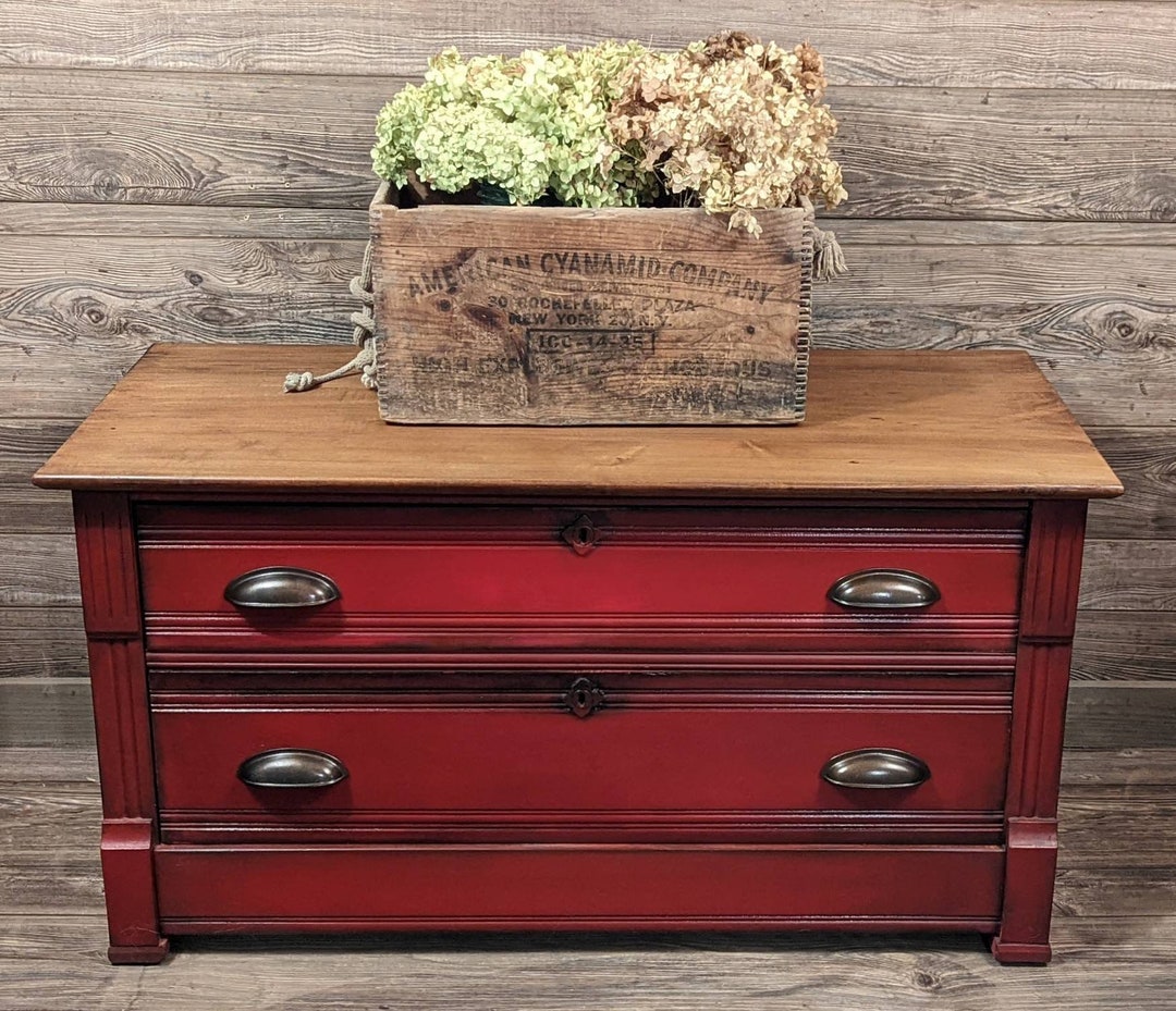 Red Painted Dresser Antique Oak Lowboy Rustic Dresser Etsy