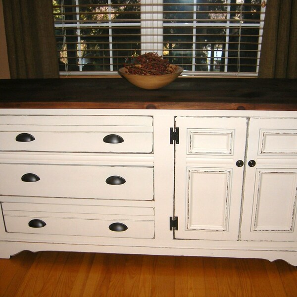 RESERVED FOR DARREN:  White Chalk Painted Distressed Rustic Credenza/Console/Buffet
