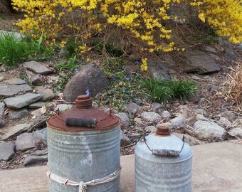 Set of 2 Galvanized Oil Cans , Vintage Oil Cans , Vintage Gasoline Cans , Industrial , Vintage Metal Cans