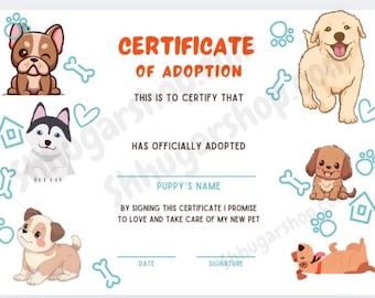 Dog Adoption Certificate, Certificate of Adoption of Puppies, Printable Dog Adoption Certificate
