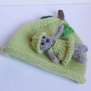 Green Apple Hat and Bear Set,  Heirloom Knitted Fruit Infant Baby Shower Gift Photo Prop Unique Wool Handspun Green Natural Materials Warm