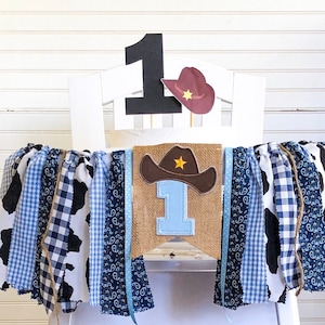 Cowboy 1st Birthday High Chair Banner, Party Fabric Banner, Cake Smash Banner, Blue Brown, Rodeo Banner, Backdrop Garland