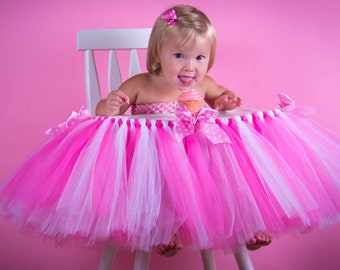 Pink and White High Chair Tulle Tutu, Can Do Custom Colors, Pink and White High Chair Tutu, Princess Party, High Chair Banner