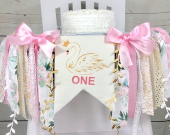 Floral Swan 1st Birthday High Chair Banner, Birthday, Can Be Used As Wall Banner, High Chair Tutu, First Birthday, Garland, Buntin